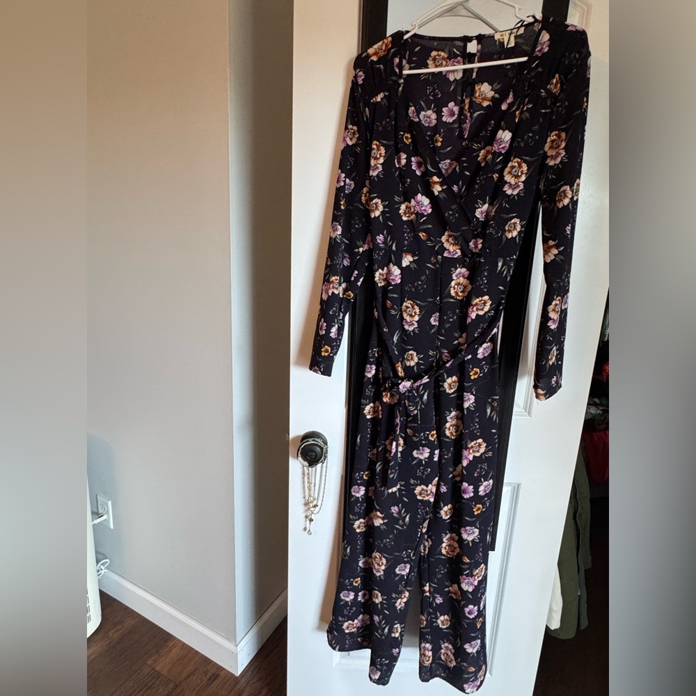 Floral Navy Jumpsuit With Tie